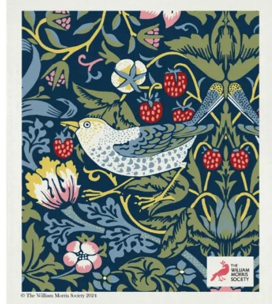 William Morris Strawberry Thief print dishcloth with birds and berries design