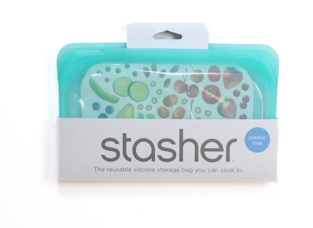 Stasher snack size reusable silicone bag in packaging, plastic-free